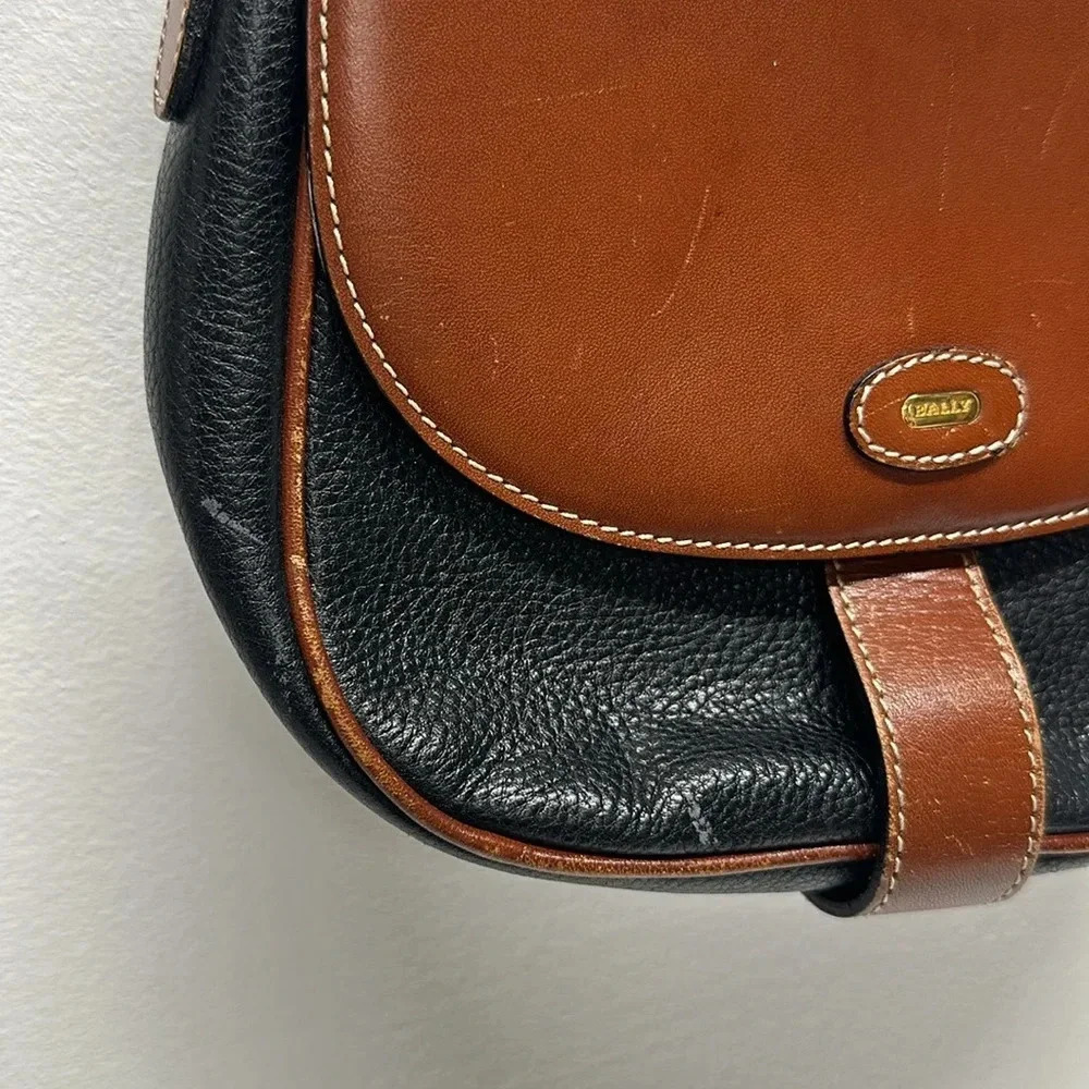 Bally Shoulder Bag Crossbody Strap Purse Pebbled Leather Brown Black Vintage - Picture 6 of 14